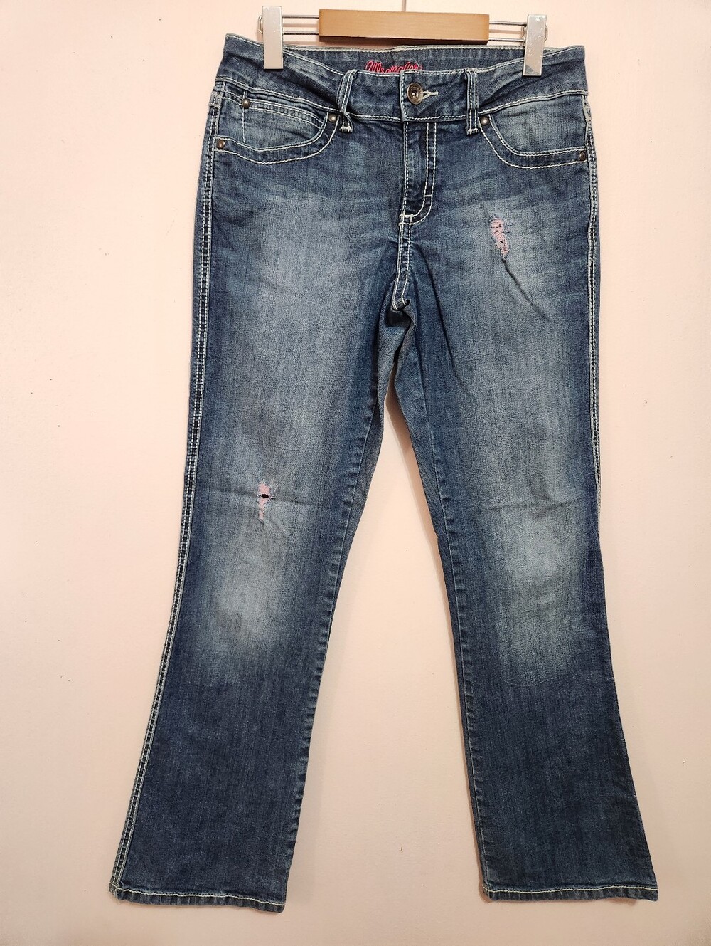 Wrangler Premium Patch Y2K Pink Embroidered Distressed Western Bootcut Jeans 7/8